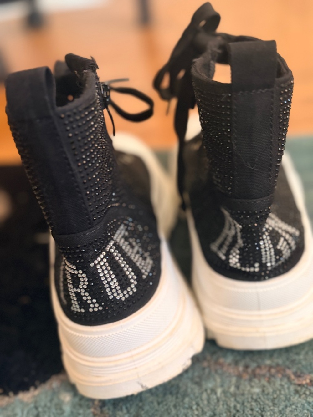 True Religion Black Rhinestone High-Top Sneakers with White Sole
